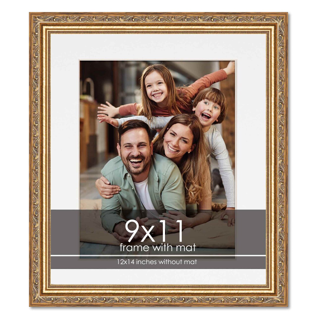 Antique Gold Frame with White Photo Mat, UV Acrylic Front, Foam Board Backing, 60 Sizes Available